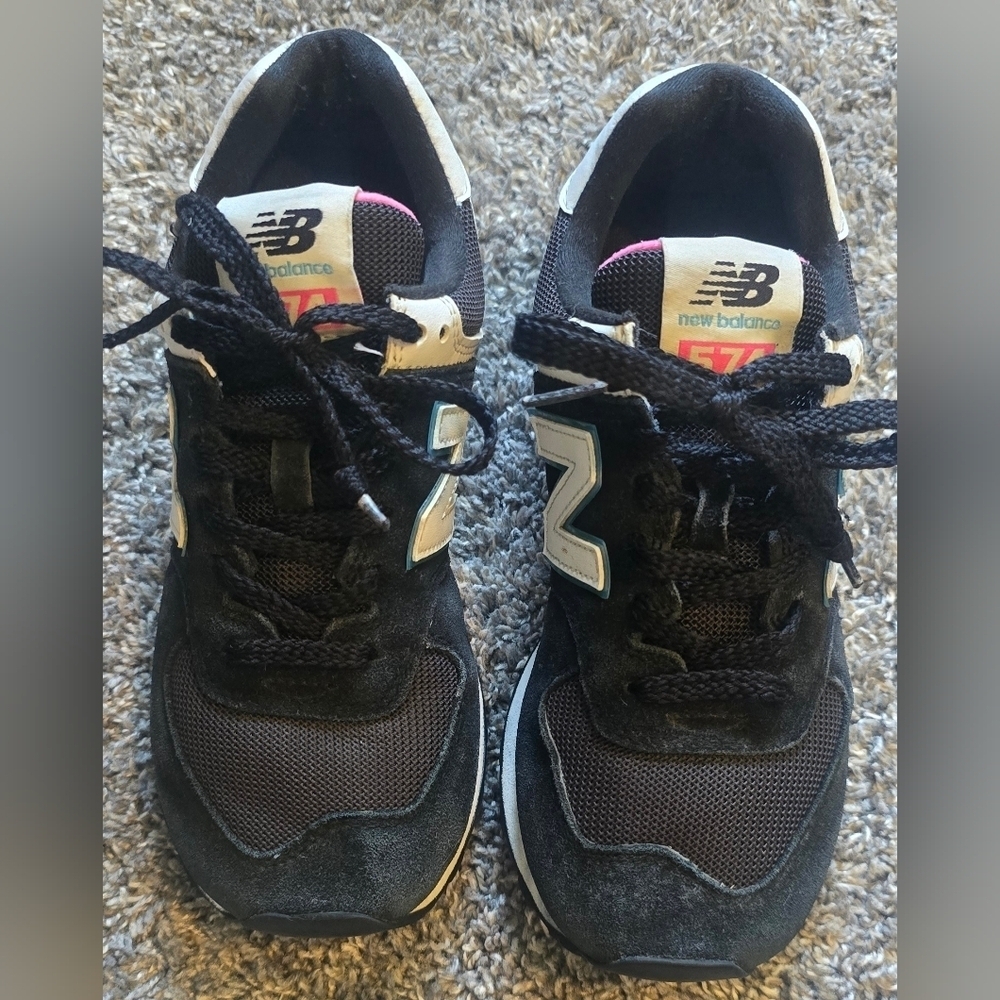 Retro New Balance 574 "Night Sky" Black Suede sneakers Teal, Pink Accents Size 7 - Picture 2 of 8